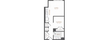 A floor plan of a small apartment with a kitchen, living room, bathroom, and bedroom.