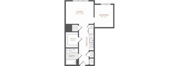 A floor plan of a small apartment with a living room, sleeping area, kitchen, bathroom, and walk-in closet.