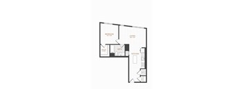 A floor plan of a room with a bedroom, bathroom, living room, kitchen and walk-in closet.