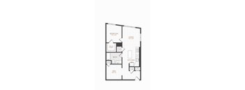 A floor plan of a small apartment with a bedroom, bathroom, kitchen, and living room.