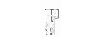 A floor plan of a living space with a bedroom, kitchen, and bathroom.