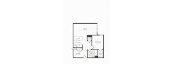 A floor plan of a living space with a kitchen, bedroom, and bathroom.