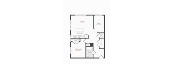 A floor plan of a small apartment with a living room, kitchen, bedroom and bathroom.
