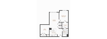 A black and white floor plan of a house with a den, kitchen, living room, and two bedrooms.