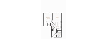 A floor plan of a small apartment with a bedroom, living room, kitchen, and bathroom.