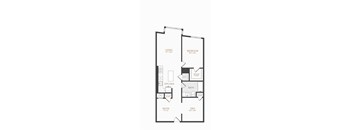 A floor plan of an apartment with a living room, kitchen, bathroom, and bedrooms.