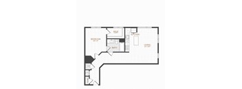 A floor plan of a small apartment with a bedroom, bathroom, kitchen, and living room.