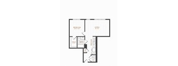 A floor plan of a small apartment with a bedroom, living room, kitchen, and bathroom.