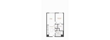 A floor plan of a living room, kitchen, and bedroom.