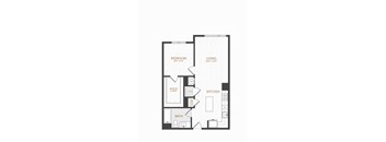 A floor plan of a home with a bedroom, living room, kitchen, bath, and walk-in closet.