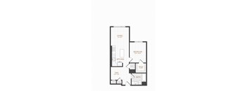 A floor plan of a living space with a kitchen, bathroom, and bedroom.
