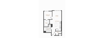 A floor plan of a small apartment with a bedroom, living room, kitchen, and bathroom.