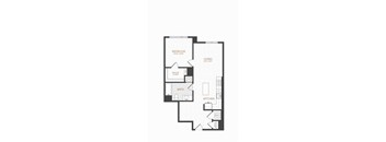 A floor plan of a living space with a bedroom, bathroom, and kitchen.