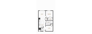 A floor plan of a small apartment with a living room, bedroom, bathroom, kitchen, and den.