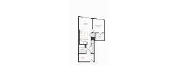 A floor plan of a small apartment with a living room, bedroom, kitchen, bathroom, and nook.