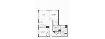 A floor plan of a home with a living room, two bedrooms, a kitchen, and two bathrooms.