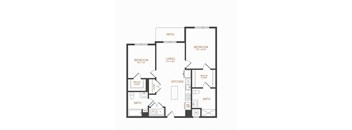 A black and white floor plan of a house with two bedrooms, a living room, a kitchen, a bathroom, and a patio.
