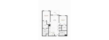 A black and white floor plan of a house with two bedrooms, a living room, a bathroom, a kitchen, and a walk-in closet.