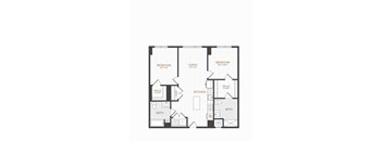 A black and white floor plan of a house with two bedrooms, a living room, a kitchen, a bathroom, and a walk-in closet.