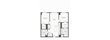 A black and white image of a house floor plan with two bedrooms, a living room, a kitchen, a bathroom, and a walk-in closet.