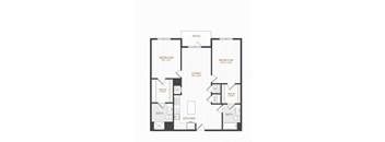 A black and white floor plan of a house with two bedrooms, a living room, a kitchen, two bathrooms, and a patio.
