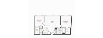 A floor plan of a living space with two bedrooms, a kitchen, a bathroom, and a closet.