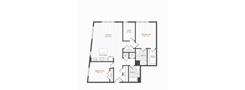 A black and white image of a floor plan for a home with a living room, kitchen, two bedrooms, a bathroom, a closet, and a walk-in closet.