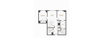 A black and white image of a floor plan for a house with three bedrooms, a living room, a kitchen, a bath, and a walk-in closet.