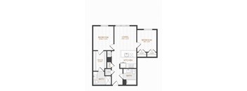 A black and white image of a floor plan for a house with three bedrooms, a living room, a kitchen, a bath, and a walk-in closet.
