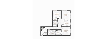 A black and white floor plan of a house with two bedrooms, a living room, a kitchen, and two bathrooms.