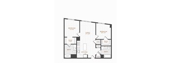 A black and white image of a floor plan for a home with two bedrooms, a living room, a kitchen, two bathrooms, and a walk-in closet.
