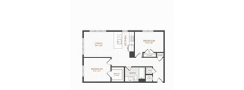 A floor plan of a house with two bedrooms, a living room, a kitchen, a bathroom, and a walk-in closet.