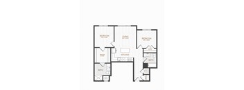 A black and white image of a floor plan for a home with two bedrooms, a living room, a kitchen, a bathroom, and a walk-in closet.
