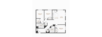 A black and white image of a floor plan for a house with two bedrooms, a living area, a kitchen, two bathrooms, and a walk-in closet.