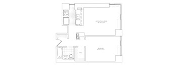 A floor plan of a small apartment with a living and dining room, a bedroom, and a W.I.C.
