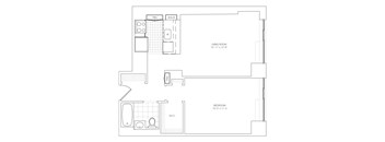 A floor plan of a room with a bedroom, living room, and bathroom.