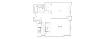 A floor plan of a small apartment with a bedroom and a living room.