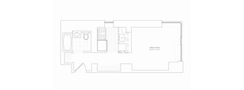 A floor plan of a living room with a kitchen area and a bathroom.