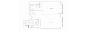 A floor plan of a room with a bedroom and a living room.