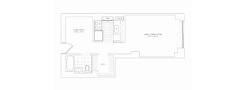A floor plan of a home with a living and dining room, home office, and bathroom.