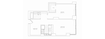 A floor plan of a home with a home office and living room.