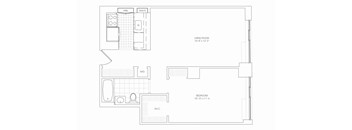 A floor plan of a small apartment with a living room, bedroom, and bathroom.