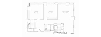 A floor plan of a small apartment with two bedrooms and a living area.