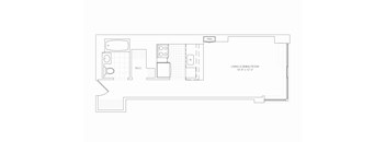 A floor plan of a living and dining room with a kitchen area.