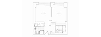 A floor plan of a house with a living room, bedroom, and bathroom.