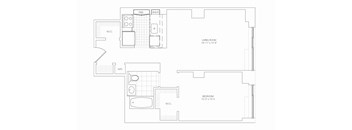 A floor plan of a living room, dining room, and bedroom with labeled areas and dimensions.