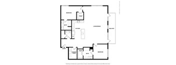 A black and white drawing of a house layout with a living room, dining room, kitchen, two bedrooms, a powder room, a bath, a panic room, and an entry.