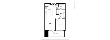 A black and white floor plan of a home with a living room, kitchen, bathroom, bedroom and balcony.