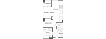 A floor plan of an apartment with a balcony, kitchen, living/dining area, bedroom, bathroom, and walk-in closet.