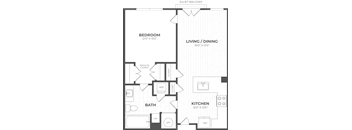 A floor plan of a small apartment with a bedroom, living/dining area, kitchen, and bathroom.